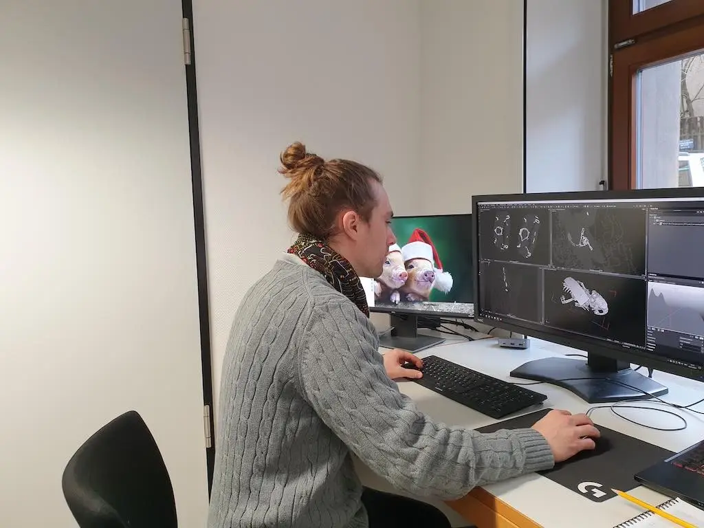 A student sitting at a computer viewing the results of a micro CT scan