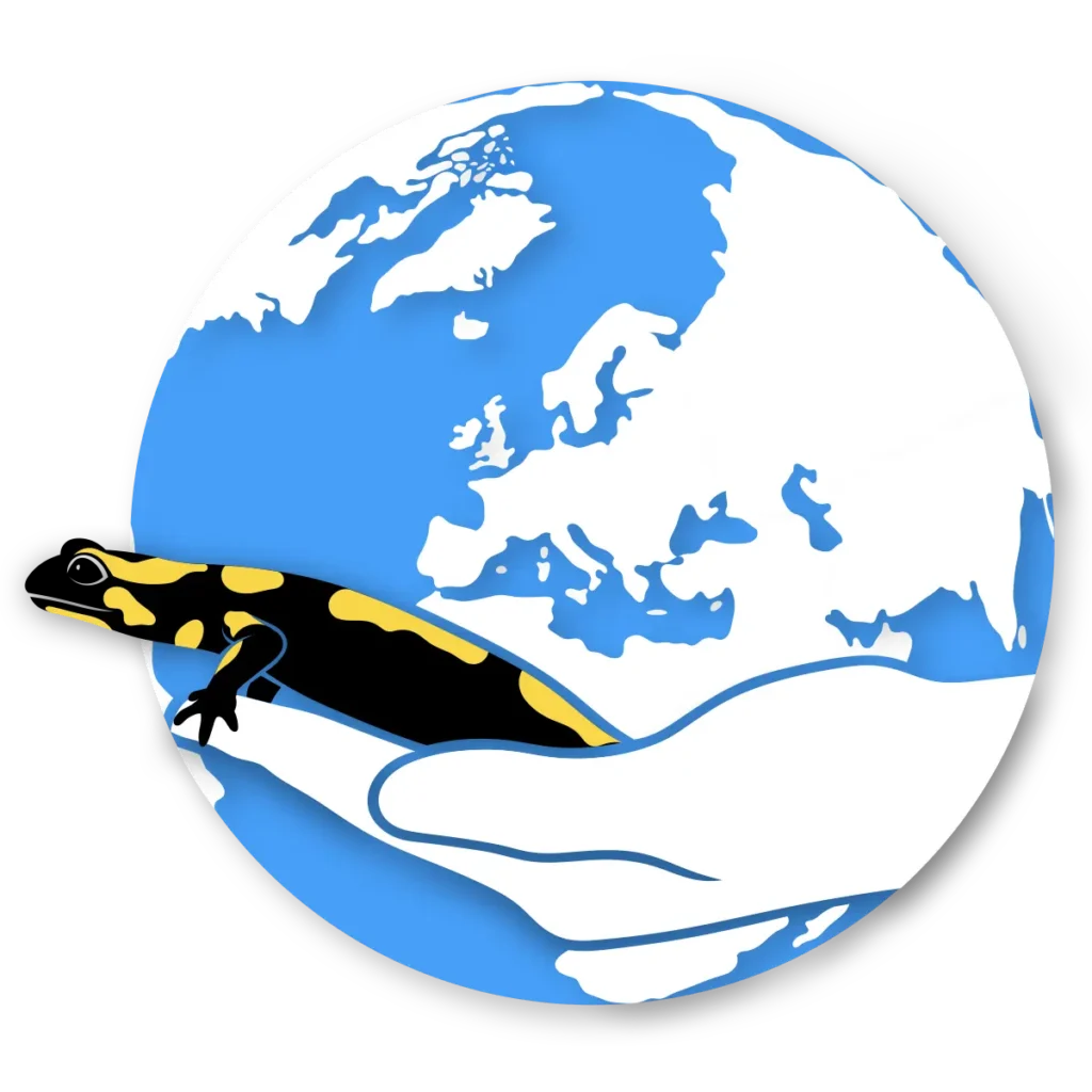 Illustration of a salamander held in a human hand with planet Earth in the background