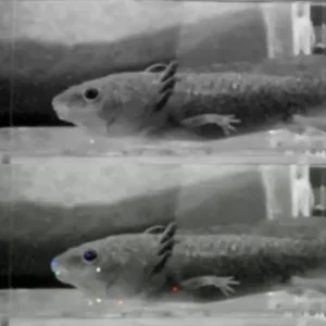 Standbild aus einem Video von Axolotls in verschiedenen Stadien der Ontogenese vor und nach der Anwendung von Deeplabcut zur Merkmalsverfolgung